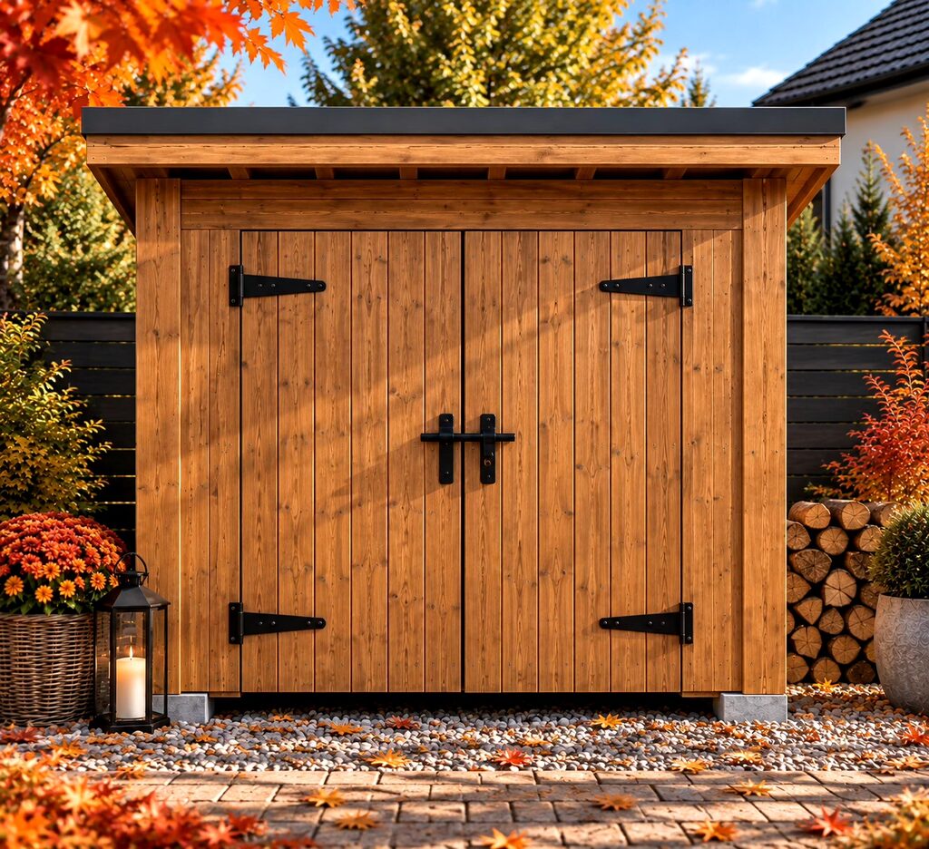 A wooden garden shed with double doors surrounded by autumn foliage and decorative elements.