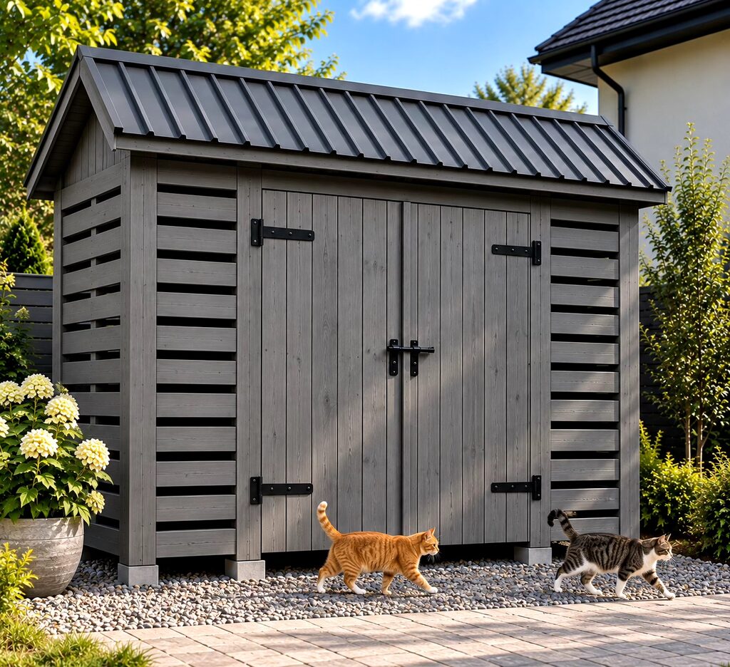 A wooden garden shed with two cats walking in front of it.