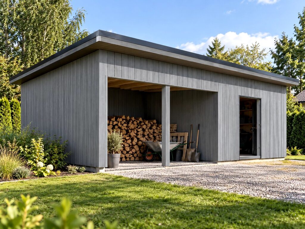 A gray wooden shed with a stacked woodpile and garden tools visible outside.