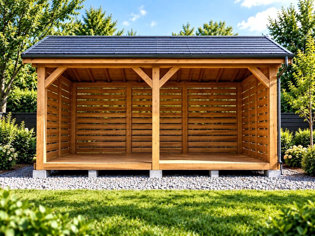 A wooden garden shed with a sloped roof and open sides, surrounded by greenery.