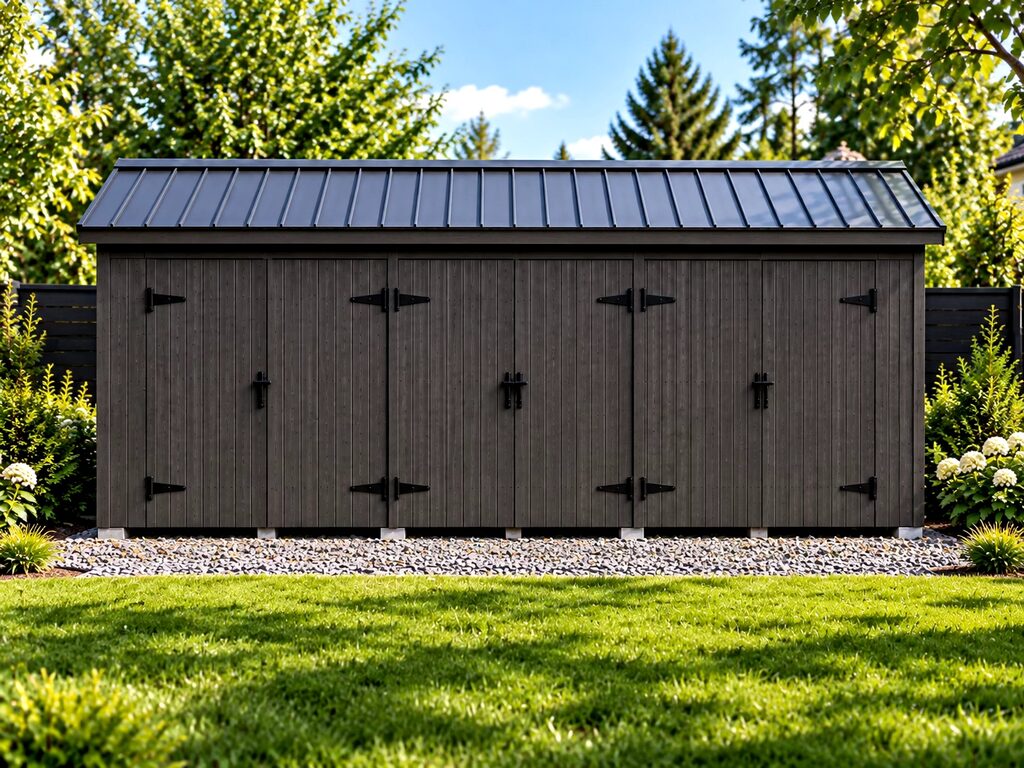 A large wooden storage shed with multiple doors in a garden setting.