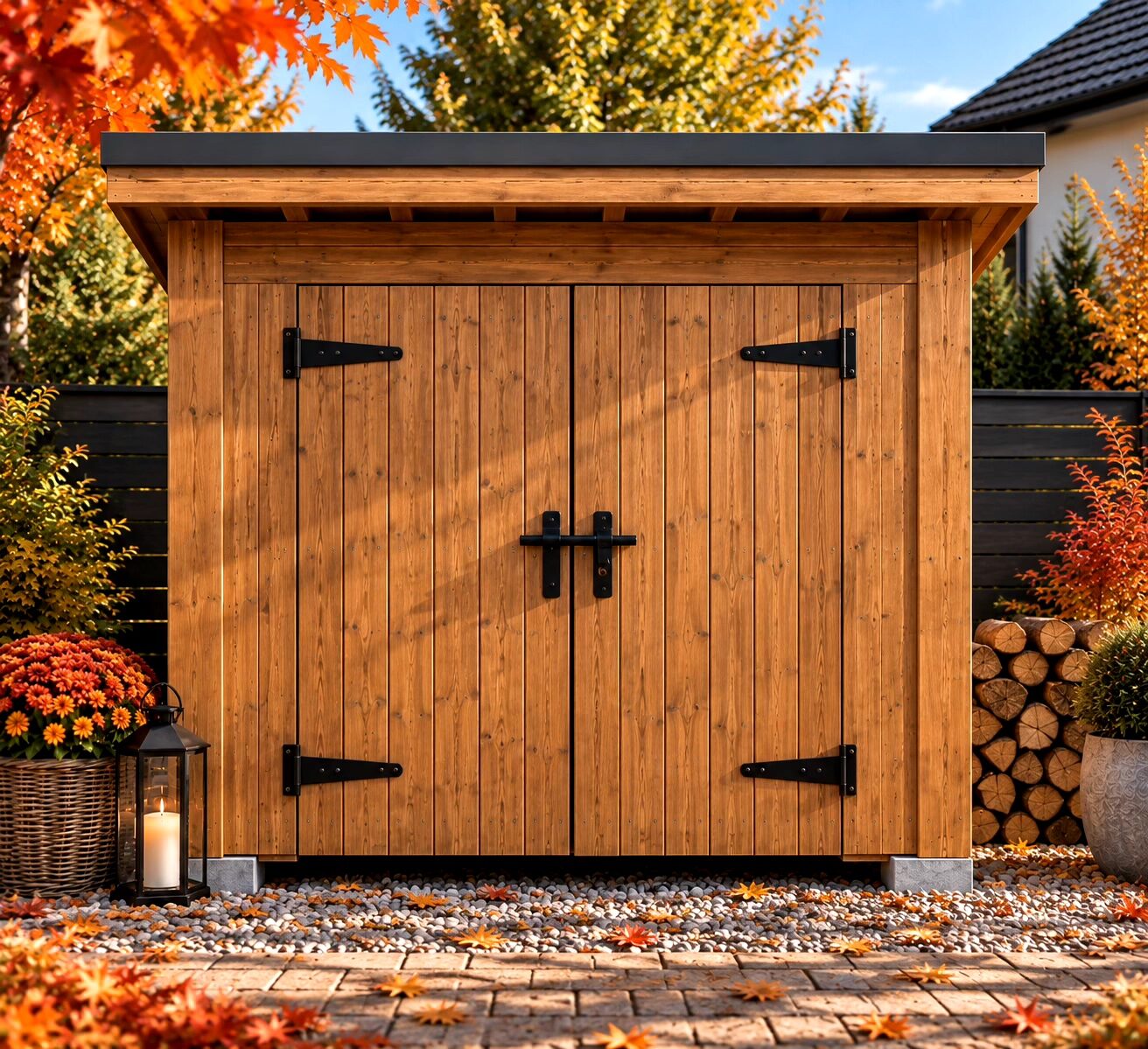 A wooden garden shed with double doors surrounded by autumn foliage and decorative elements.