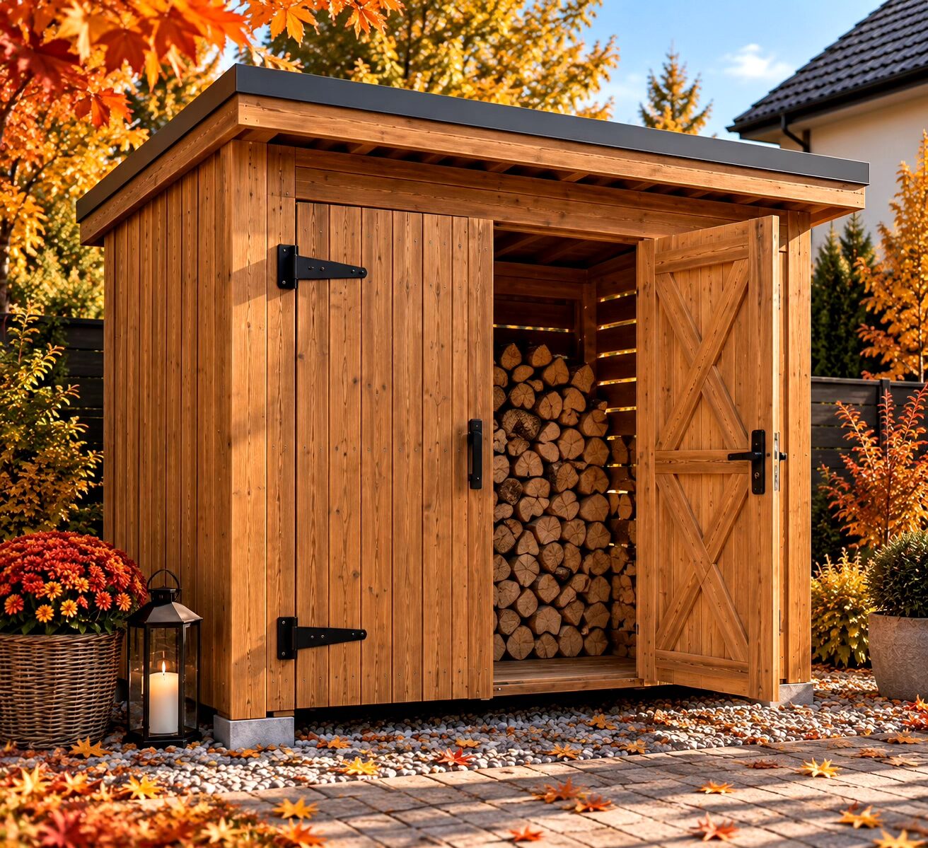 A wooden storage shed with an open door revealing stacked firewood, surrounded by autumn foliage.