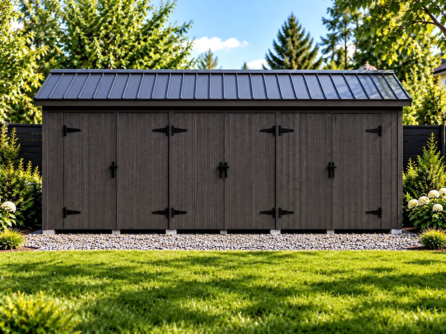 A large wooden storage shed with multiple doors in a garden setting.