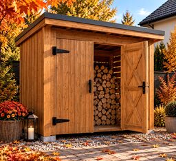 A wooden storage shed with an open door revealing stacked firewood, surrounded by autumn foliage.