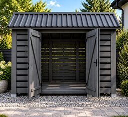 A gray wooden garden shed with open doors, surrounded by greenery and gravel.