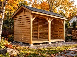 A wooden garden shed with a slanted roof, surrounded by autumn foliage.