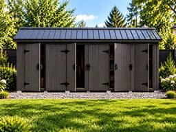A large garden shed with multiple doors set in a green yard.
