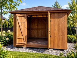 A wooden garden shed with open doors, surrounded by greenery and gravel.