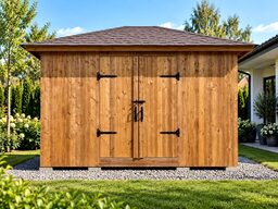 A wooden garden shed with double doors and black hardware, surrounded by greenery.