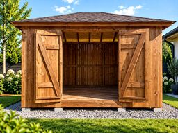A wooden garden shed with open doors, set in a landscaped yard.