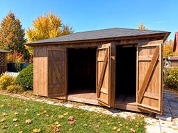 A wooden garden shed with open doors, surrounded by autumn foliage.