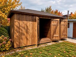A wooden garden shed with open doors, surrounded by autumn foliage.