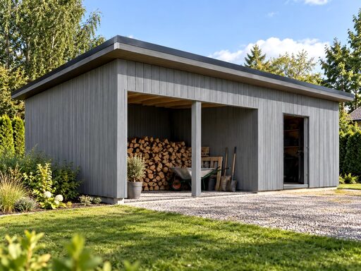 A gray wooden shed with a stacked woodpile and garden tools visible outside.